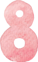Numeric eight or number eight that is drawn and painted by hand in light red watercolor of fine art style png