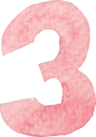 Numeric three or number three that is drawn and painted by hand in light red watercolor of fine art style png