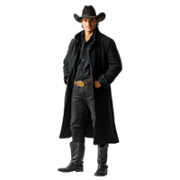 Mysterious cowboy in a black hat and long coat standing tall, isolated on transparent background png