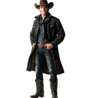 Confident cowboy in a long black coat with a serious stance, isolated on transparent background png