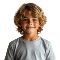 Happy child in a gray t-shirt with a warm smile, isolated on transparent background png