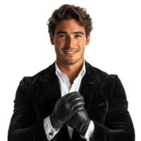 Confident man in a black velvet suit with gloves, isolated on transparent background png