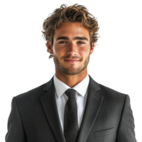 Confident gentleman in a charcoal gray suit and black tie, isolated on transparent background png