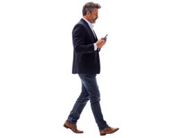 A man in a suit and jeans, walking while using his mobile phone, captured in a full-length png