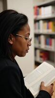 An engrossed young African American college student in a library with glasses reflecting book pages behind her photo