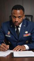 Smiling African American man in military attire is shown working at a table photo