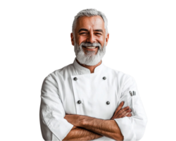 A smiling middle-aged European chef with a gray beard, wearing a white uniform, png