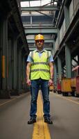 worker donning a yellow vest and hard hat is depicted inside an industrial building photo