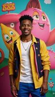 A colorful background with a handsome AfricanAmerican young boy as the subject in a generic cartoon movie style photo