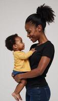 Dynamic duo African American mother baby in graphic movie animation style photo