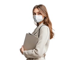A beautiful teacher in a stylish outfit, holding a file and wearing a face mask, looking at the camera png