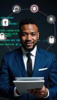Cyber security threat illustration showcasing an AfricanAmerican IT specialist amidst a digital chaos stock collage photo