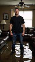 Man in waders stands amidst flooded living room with damaged furnishings photo