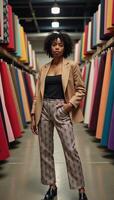 African American fashion designer poses in a fabric store surrounded by rolls of cloth in a warehouse setting photo
