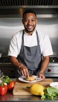 Modern kitchen captures cheerful portrait of a confident African American chef preparing gourmet meal surrounded by gleaming appliances photo