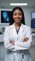 Portrait of confident African American doctor viewing xrays in modern hospital setting Medicine Healthcare Concept photo