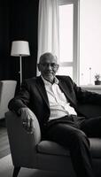 calm AfricanAmerican elder models comfortably within a modern living room setting photo