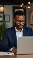 A stylish portrait of an AfricanAmerican businessman working on his laptop against an officecafe backdrop with a bokeh effect featuring sparkling lights photo