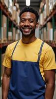 smiling AfricanAmerican warehouse worker wearing uniform gazes directly into camera photo