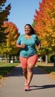 African American woman enjoys an invigorating run through the park during Autumns embrace photo