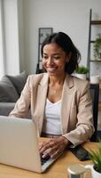 contentfocused illustration showcases a happy African American woman working efficiently from her cozy home office in a contemporary and digitallyoriented setting photo