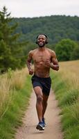 contented AfricanAmerican gentleman jams to his tunes as he jogs down a scenic nature trail photo