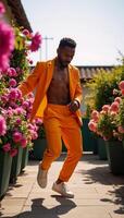 Colorful garden setting with a dancing trendy AfricanAmerican man wearing a vibrant outfit photo
