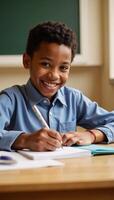 African American boy engrossed in homework with radiant smile under warm lighting photo
