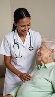Doctor tending to an elderly Black patient at home in a nurses portrait photo