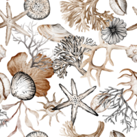 Seashell and starfish watercolor seamless Pattern. Nautical Backdrop with corals for wrapping paper or textile design. png