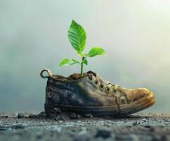 Single green sprout growing out of an old, worn sneaker, vibrant leaves. Concept for sustainability and renewal. photo