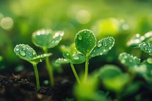 Green plant sprouts of seedlings in paper cups with water drops. Natural light. photo