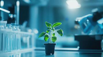 Close up of young plant sprout in a laboratory. The setting is characterized by its minimalistic design, emphasizing the focus on the research at hand. photo