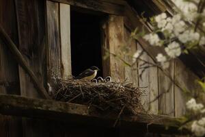 A serene scene featuring a swallow perched in its nest, tending to its chicks. photo