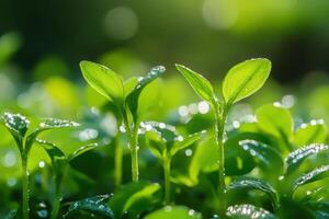 Green plant sprouts of seedlings in paper cups with water drops. Close up. photo