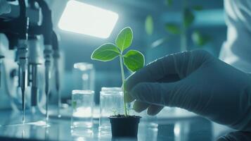 Close up of a scientist is examining a young plant sprout. The setting is its minimalistic design, emphasizing the focus on the research. photo