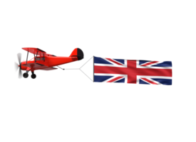 A red biplane with a british flag flying in the air png