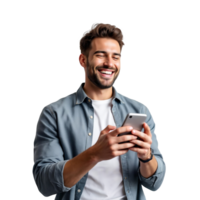 Happy Man Using Smartphone Engaging Expression On Transparent Background png