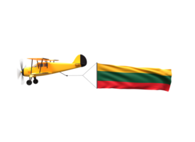 A yellow airplane flying over a flag with a red, green and yellow stripe png