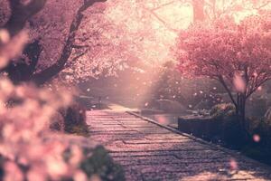 A breathtaking outdoor scene featuring beautiful sakura trees in full bloom with delicate pink petals. photo