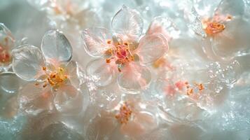 A delicate spring flowers encased in translucent ice, illuminated by bright sunlight streaming through the crystalline structures. photo