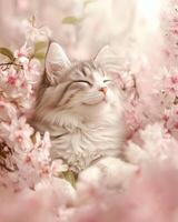 A charming happy kitty sits in spring blossom enveloped in a soft pastel pink haze. photo