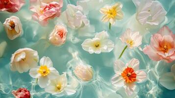 A serene composition featuring a liquid water background with an array of spring flowers such as cherry blossoms, tulips, and daffodils. photo