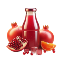 A bottle of juice next to a pomegranate png