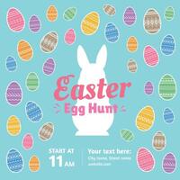 Easter Egg Hunt poster design with text and white rabbit silhouette on blue background with colorful easter eggs vector