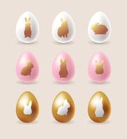 Easter Eggs set with rabbit silhouettes on golden, pink and white realistic eggs vector