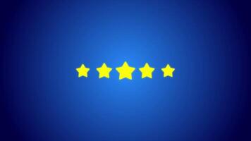 Five star animation with dark blue background, animated glowing star suitable for illustrations of customer reviews, evaluation of satisfaction, product quality and customer feedback. video