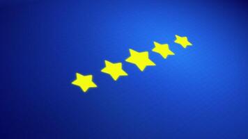 close up star animation on dark blue background, animated pop up five stars for animated user reviews, customer feedback, satisfaction level status, and product quality level. video