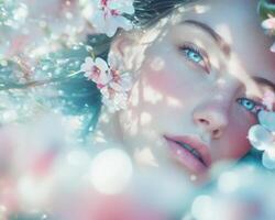 Portrait of a woman with a serene expression in a magical spring atmosphere. Fantasy mood. Blooming flowers around her. photo