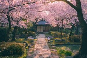 vibrant sakura trees in full bloom, their delicate pink petals fluttering in the gentle spring breeze. photo
